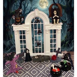 Dollhouse Halloween Haunted Window Display with Miniature Figurines